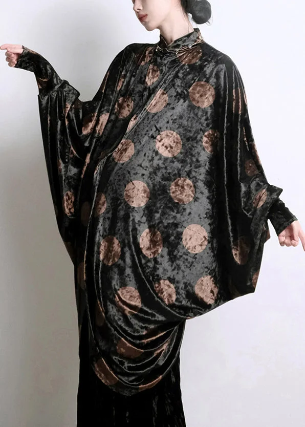 Chic Black Asymmetrical Print Silk Velour Shirts Batwing Sleeve