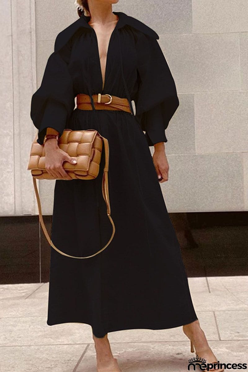 Fashion Street Solid Turndown Collar Princess Dresses(3 Colors)