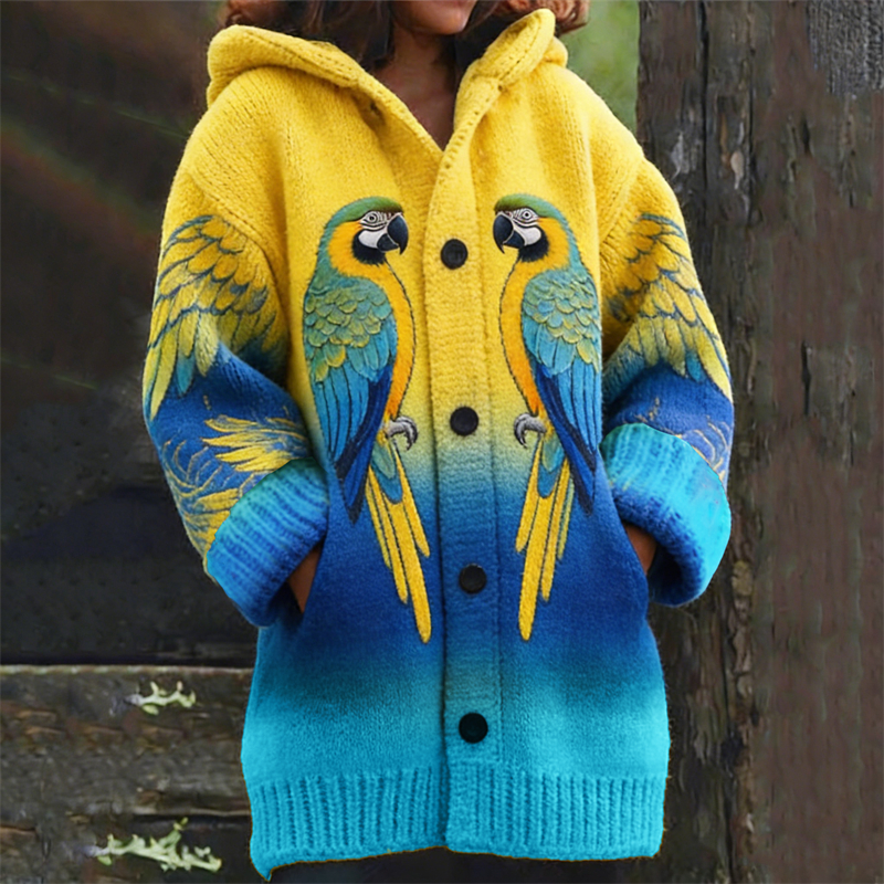 Macaw Parrots Inspired Gradient Cozy Hooded Cardigan wearshes