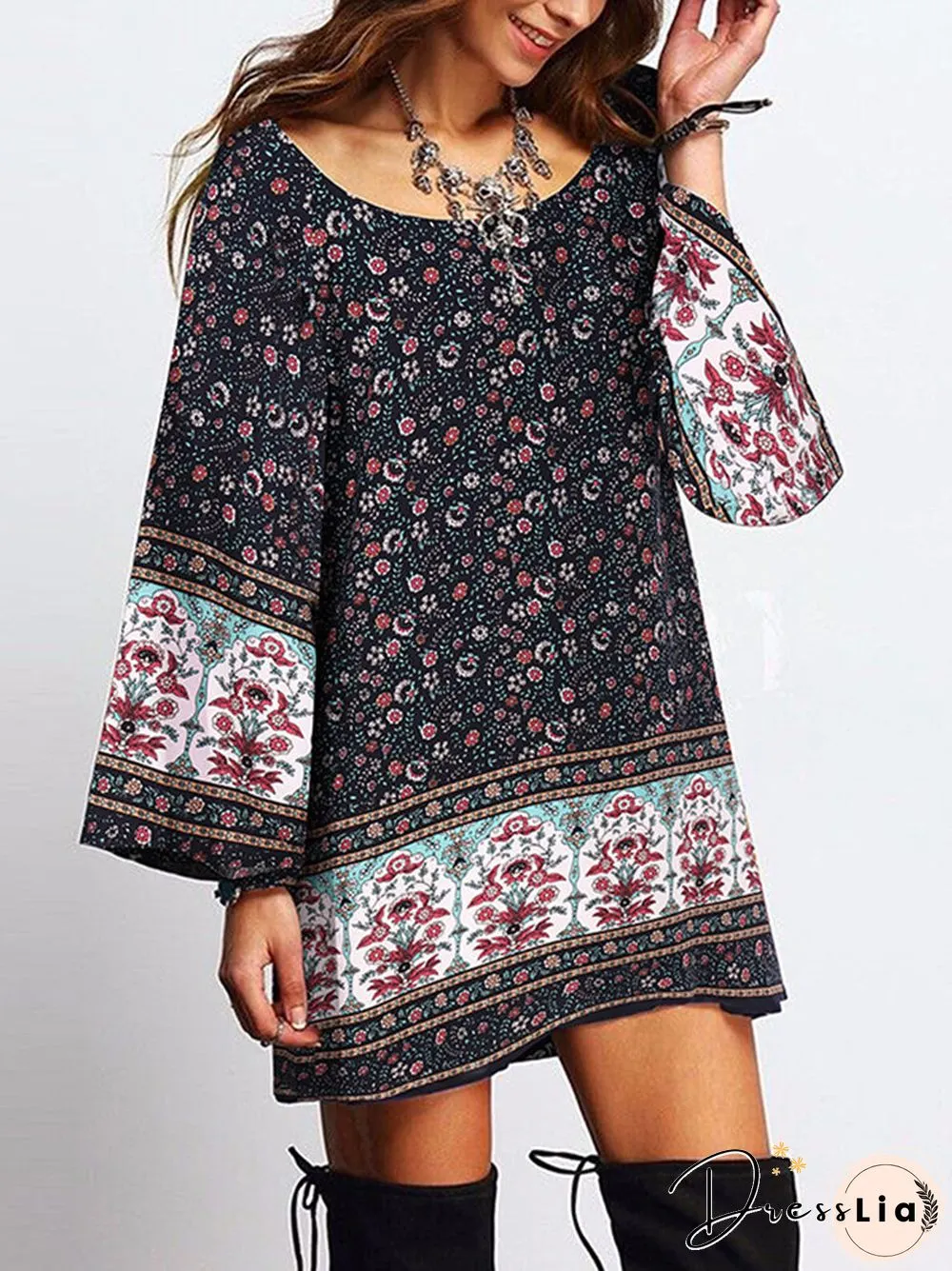 Floral Print Bohemian Long Sleeve Crew Neck Dress For Women