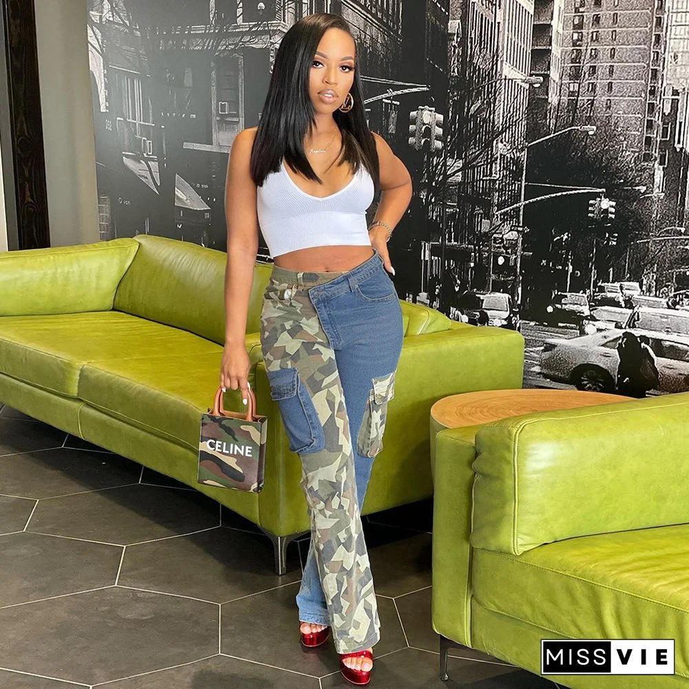 High Waist Patchwork Camouflage Cargo Denim Pants