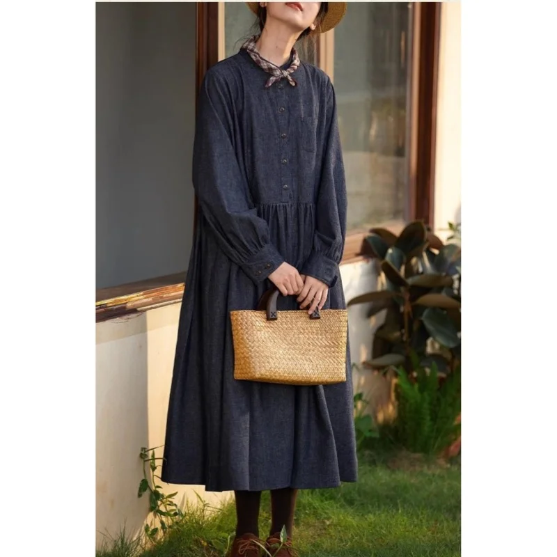 Women's 2025 Spring Retro Long-sleeved Pure Cotton Denim Dress Loose Long Dress