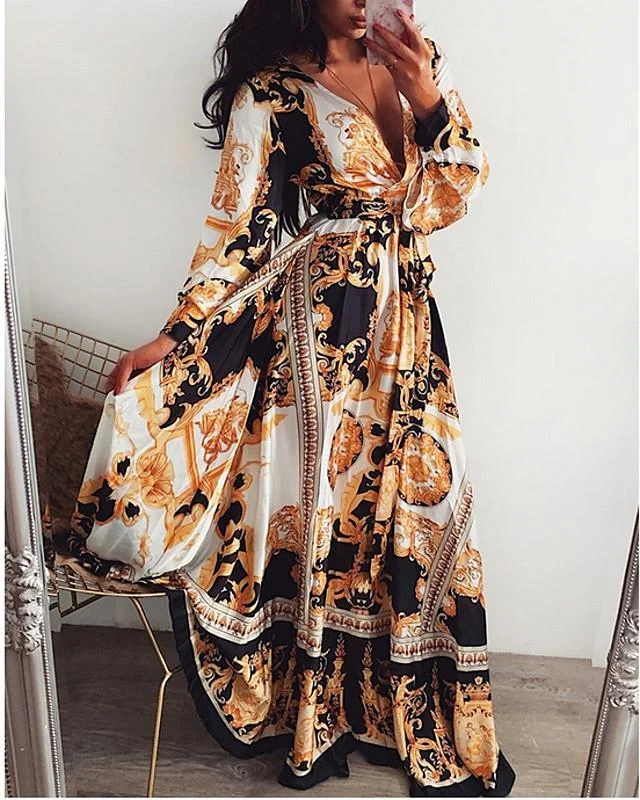 Women's Swing Dress Maxi long Dress Long Sleeve Print Geometric Print Deep V Hot Holiday Going out Loose Brown S M L XL XXL 3XL