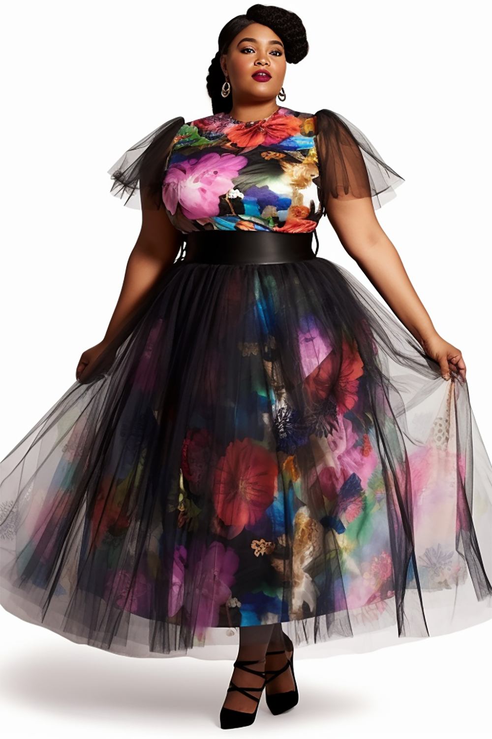 Design Plus Size Semi Formal Elegant Black Floral Spring Summer Round Neck Short Sleeve Contrast Mesh Two Piece Dress Set [Pre-Order]