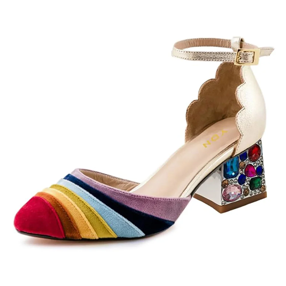 Multicolor Patchwork Ankle Strap Rhinestone Block Heel Pumps Shoes
