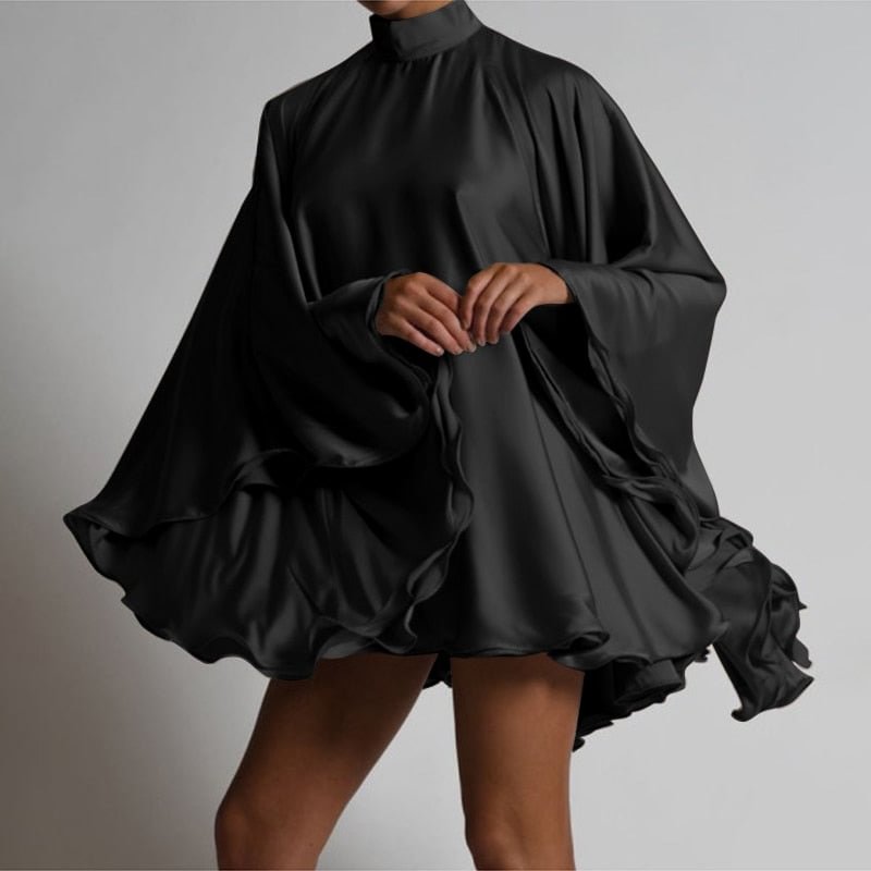 Celmia Fashion Sexy Backless Satin Dress 2022 Women Stand Collar Party Vestidos Elegant Big Flared Sleeve Ruffle Mini Sundress