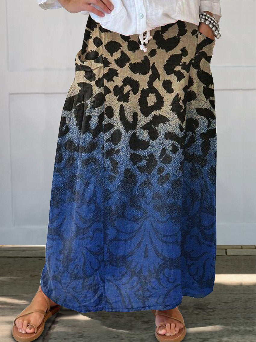 Women's Leopard Art Print  Linen Pocket Skirt
