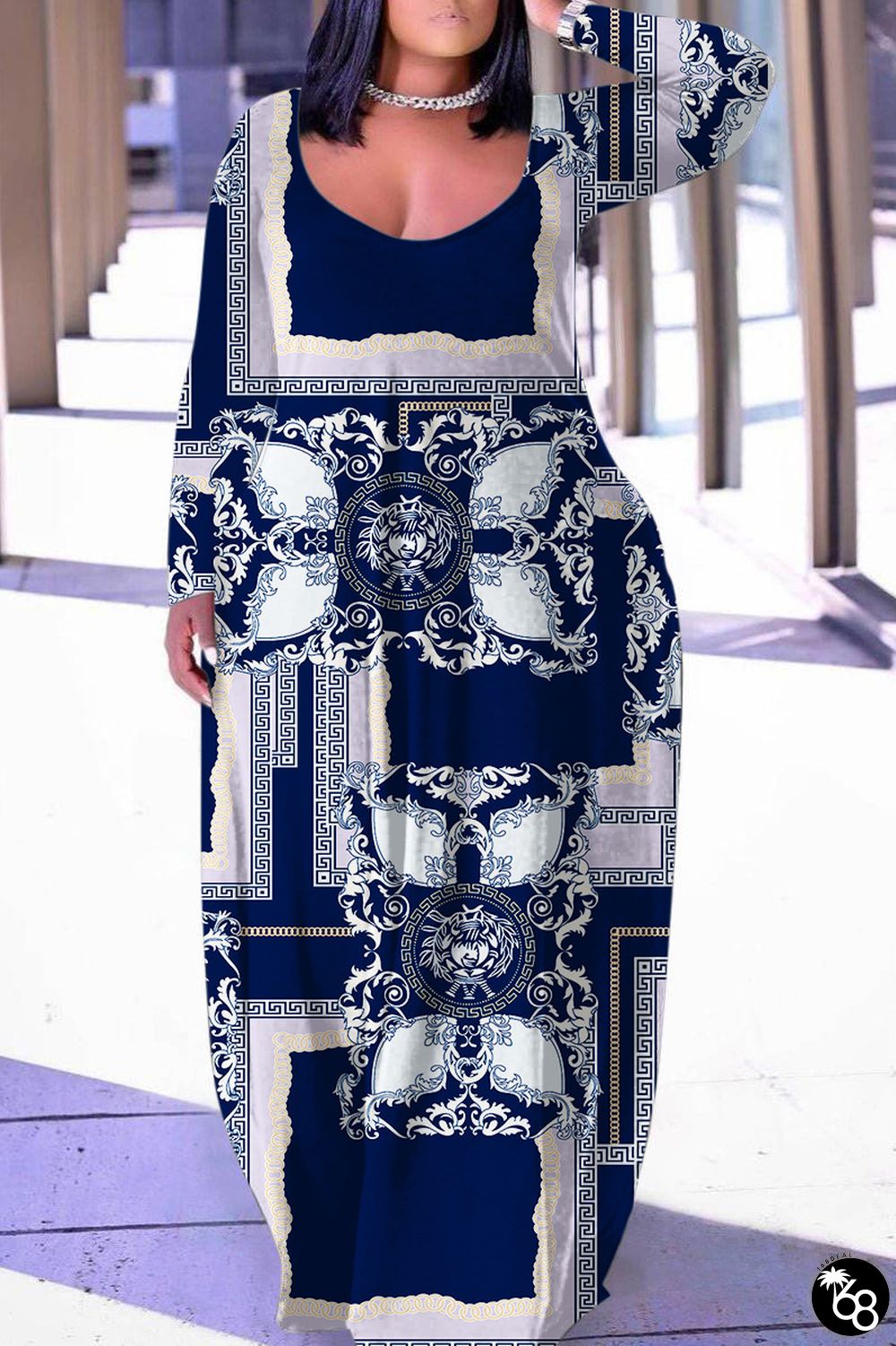 Dark Blue Casual Print Basic O Neck Long Sleeve Dresses | 168DEAL