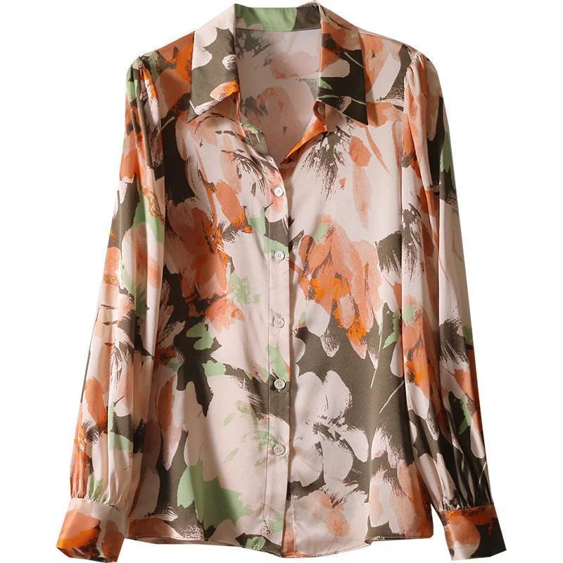 Jangj Summer 2022 Gorgeous Charming Printed Crepe Satin Silk Floral Shirt Long Sleeve Turn Down Collar Blouse Vacation Blouse