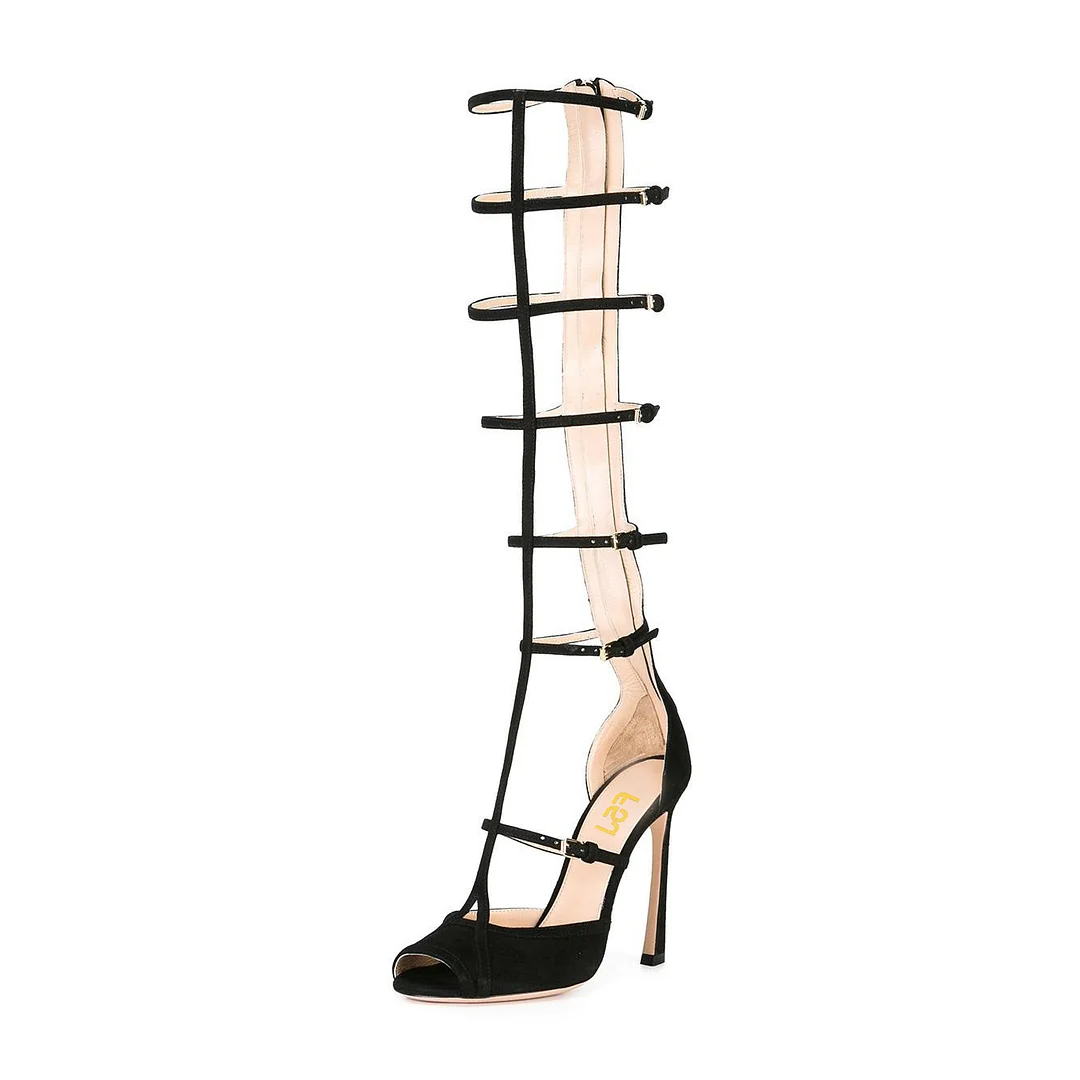 Black Peep Toe Stiletto Heel Gladiator Sandals for Women Nicepairs