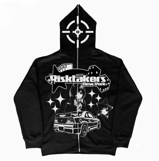 Anime Car Print Zip Hoodie Gothic Streetwear Long Sleeve Punk Y2k Jacket Top at Hiphopee