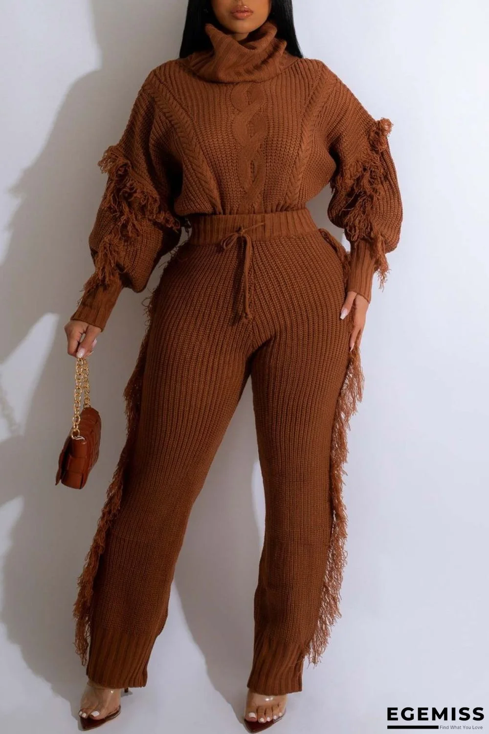 Coffee Casual Solid Patchwork Turtleneck Long Sleeve Two Pieces | EGEMISS