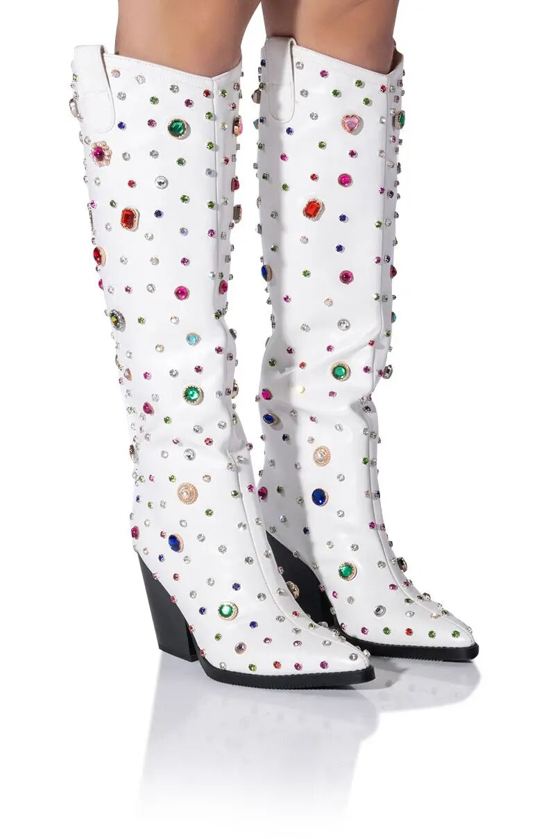 VCSHOES Women's Cowgirl Boots Pointed Toe Knee High Boots Gem Long Boots Lady White Chelsea Boots 44
