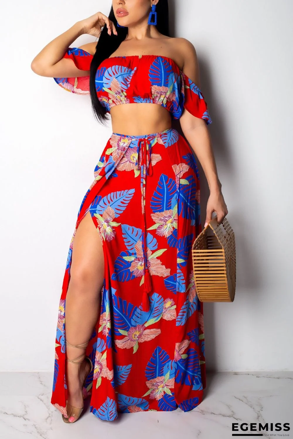Red Fashion Strapless Print Ruffled Split Two-piece Set | EGEMISS