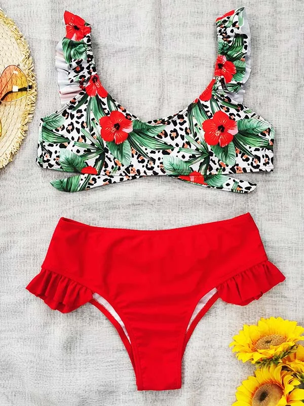 Floral Printed Falbala Bikini Swimsuit 