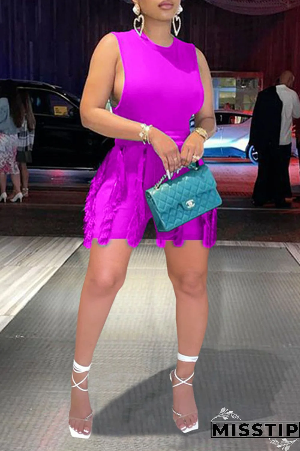 Peacock Blue Casual Solid Tassel Patchwork O Neck Sleeveless Two Pieces