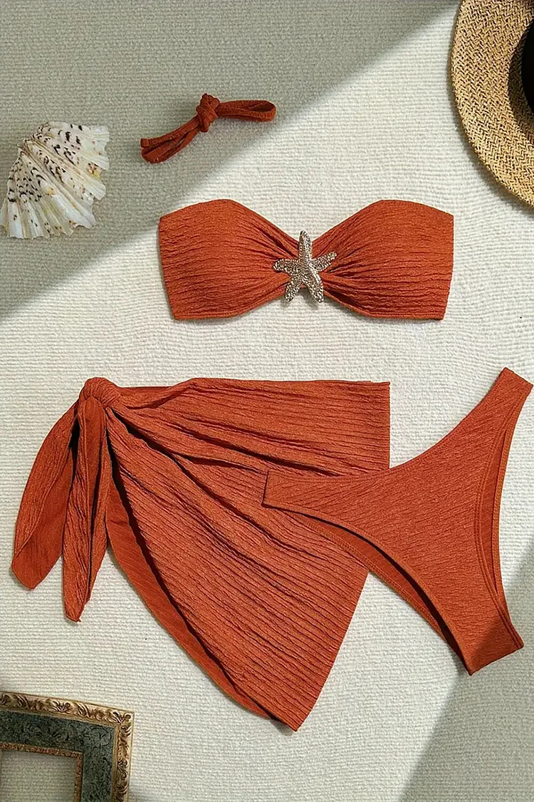 Tie Up Mini Skirt Metal Starfish Decor Strapless Bikini 3pcs Set-Orange