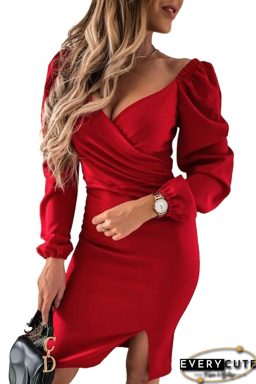 Red Wrapped Bodice Bubble Sleeve Bodycon Mini Dress with Slit