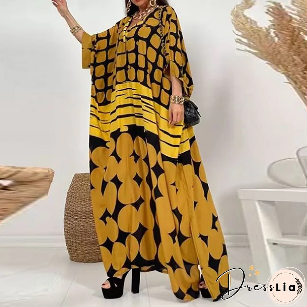 Women Vintage Bohemian Printed Long Dress Autumn Casual Half Sleeve V Neck Loose Dress Ladies Fashion Draped Big Hem Dresses New