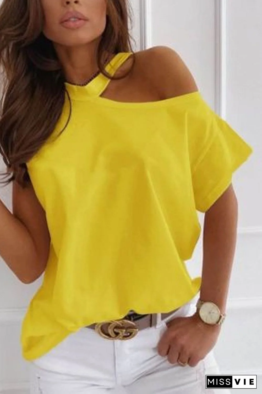 Yellow Solid Color Off Shoulder Short Sleeve Tee