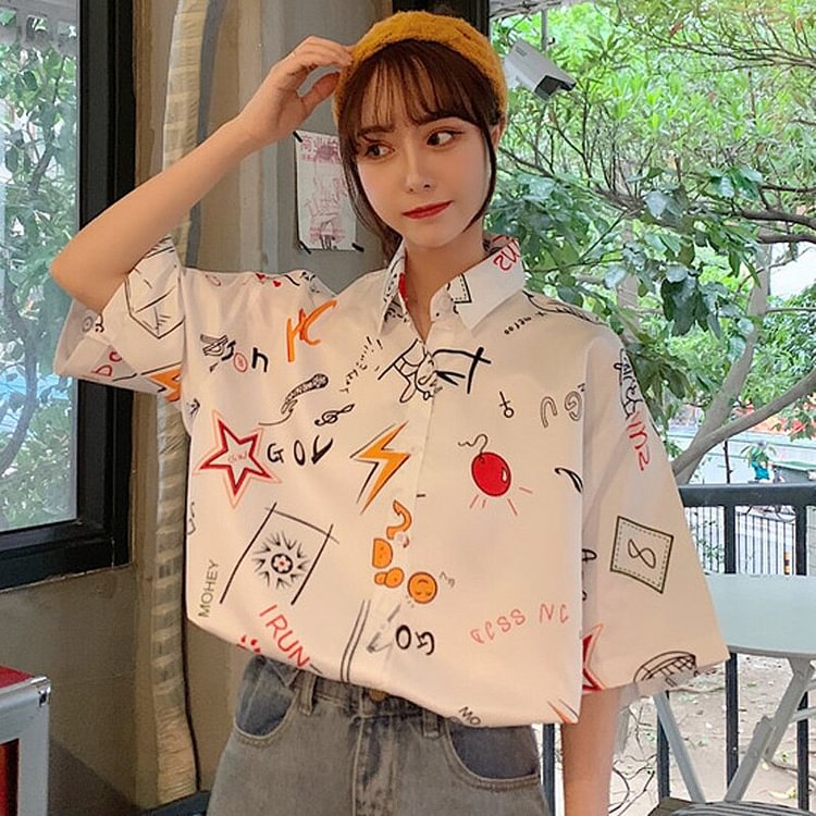 White Casual Shirt Women Print Pattern Short Sleeves Slim Turn Down Collar Student Stylish Tops Summer Fashion New
