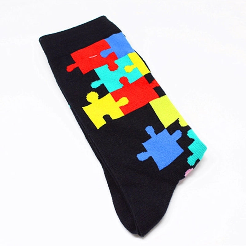 Men’s Cartoon Style Color Block Cotton Crew Socks A Pair