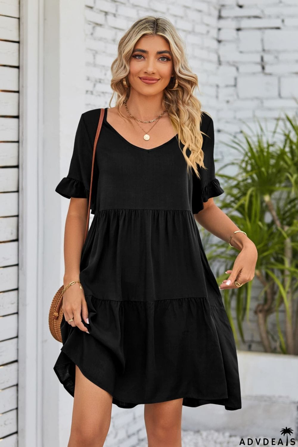 V-Neck Flounce Sleeve Tiered Dress