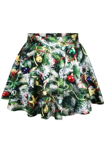 Green Womens Ugly Christmas Trees Printed Pleated Fancy Skirt-elleschic