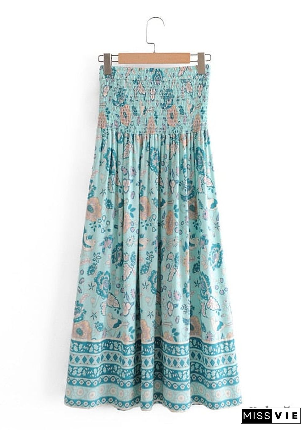 Boho Skirts in Smocked Waist, Bird Garden in Blue For Women