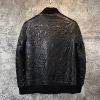 Mens Fashion Casual Short Wide-Waisted Spliced Embroidery Genuine Leather Jackets O-Neck Zippers Pockets Sheepskin Coat