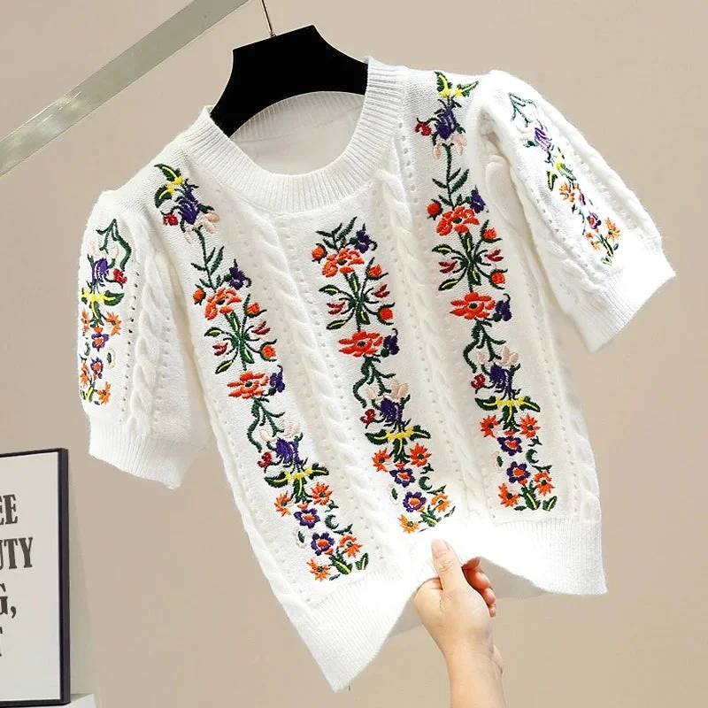 Huiketi Summer Women's Knitted Sweater Korean Fashion High Quality Floral Embroidery Short Sleeve Knitwear Woman Casual Jumper