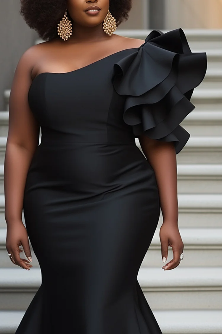 Xpluswear Design Plus Size Formal Black Elegant Oblique Collar 3D Flutter Sleeve Ruffle Bodycon Satin Maxi Dresses [Pre-Order]