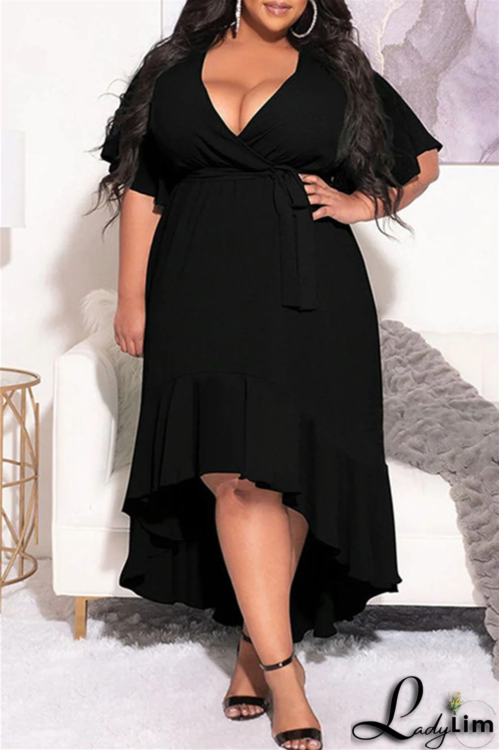 Blue Fashion Casual Solid Bandage Flounce V Neck Irregular Dress Plus Size Dresses