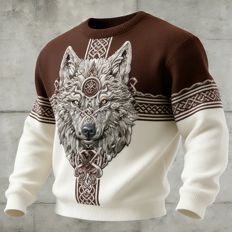 Men's Retro Celtic Knot And Wolf Print Color Block Crew Neck Sweater