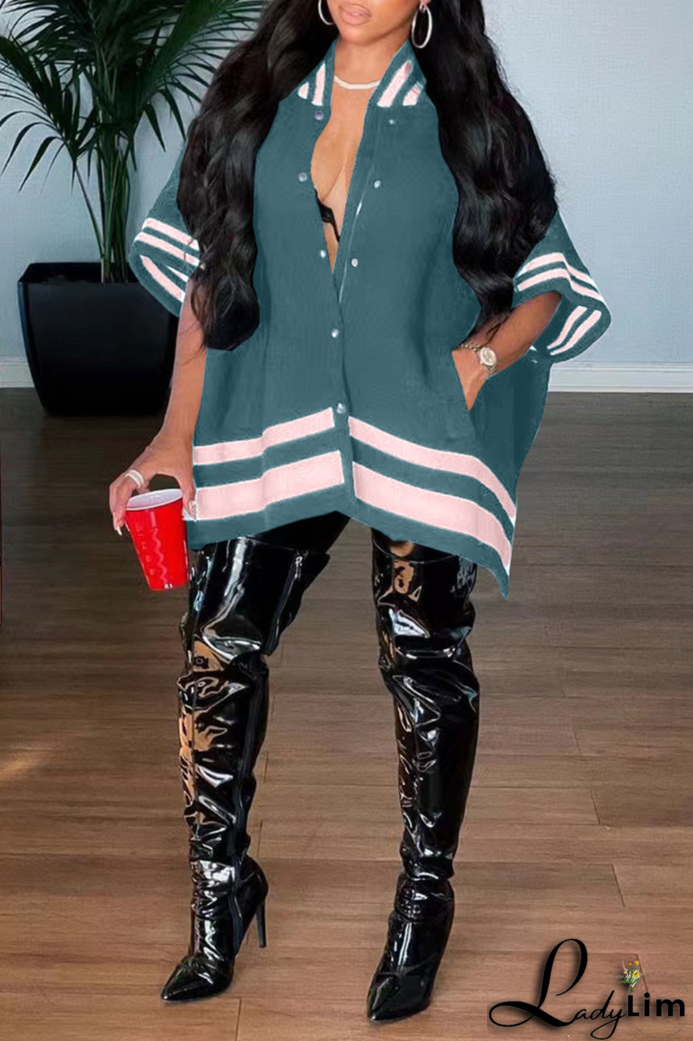 Red Fashion Solid Buckle Mandarin Collar Outerwear