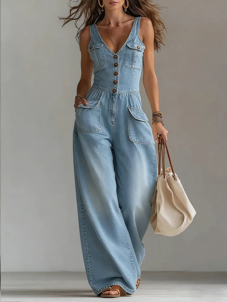 Women's Casual Denim Jumpsuit With Wide-leg Pants
