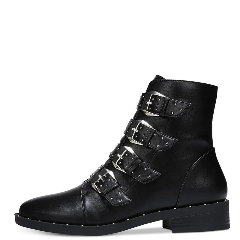 TAAFO Black Four Buckle Strap Studded Low Block Heels Round Toe Woman Booties Ankle Boots Ladies Shoes