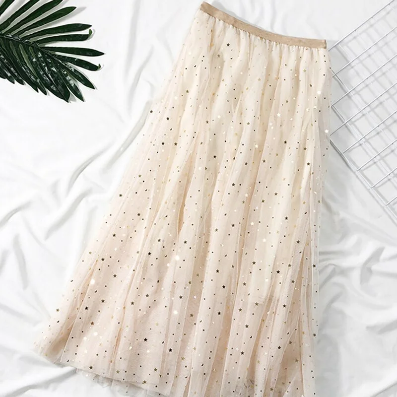 Zoki Elegant Korean Women Tulle Skirt Fashion Sequin Star Summer Mesh Ladies Long Skirt Elastic High Waist Party White Skirt