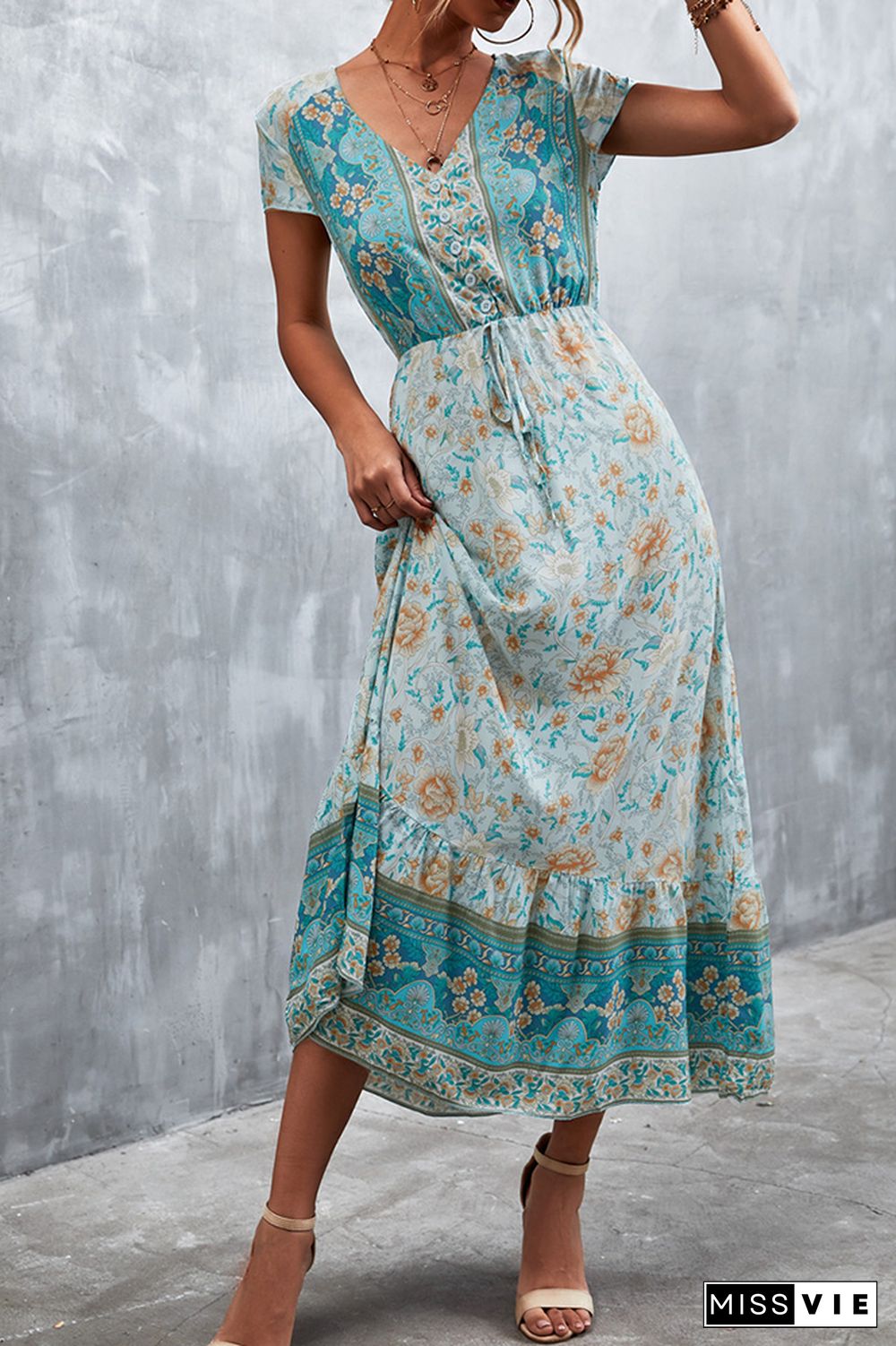 Floral Print Short Sleeve Long Dress Wholesale
