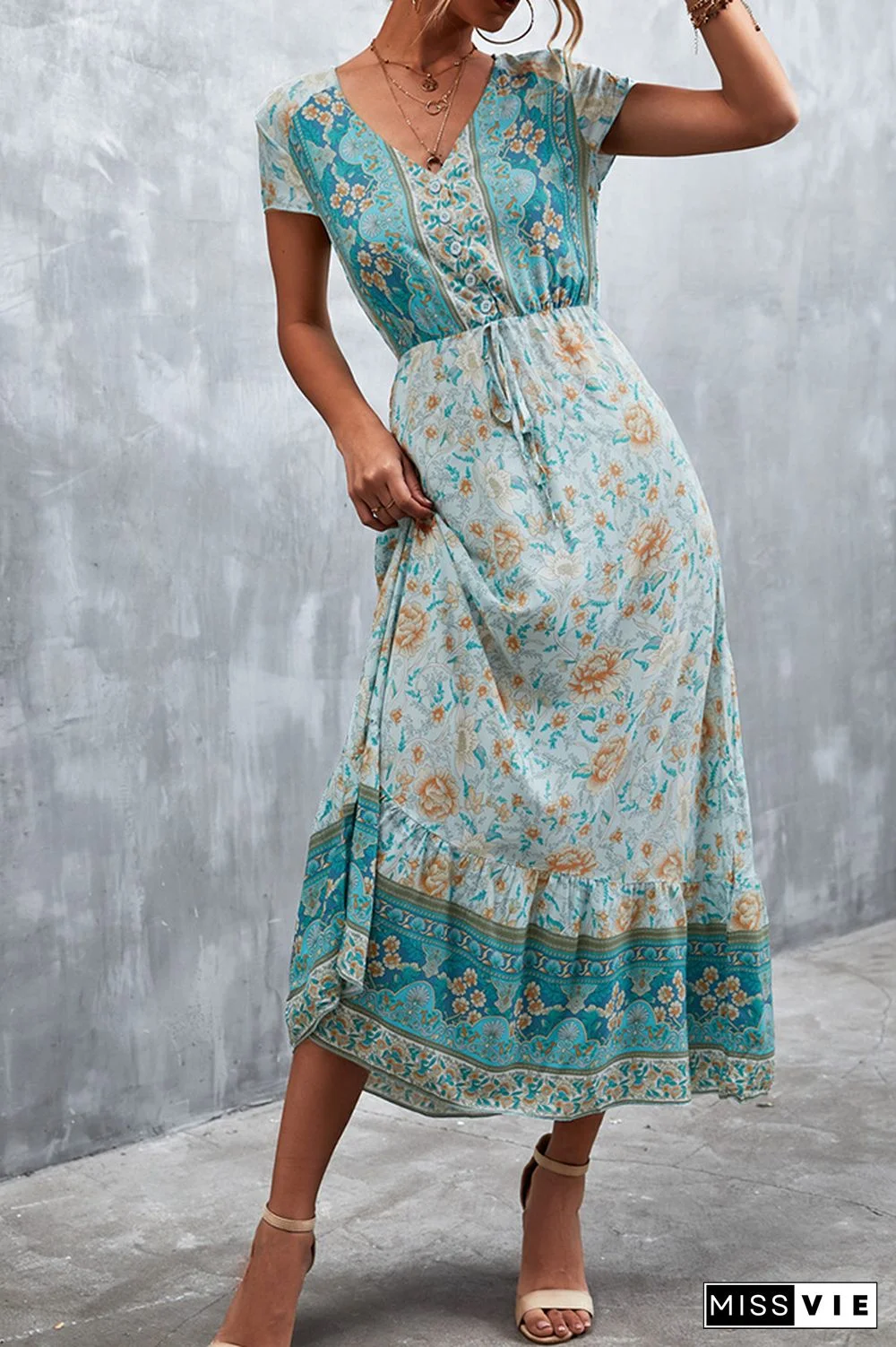 Floral Print Short Sleeve Long Dress Wholesale