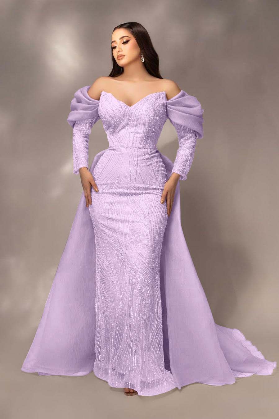 Daisda Glamorous Sequins Off the Shoulder Long Sleeves Mermaid Prom Dress with Pleated