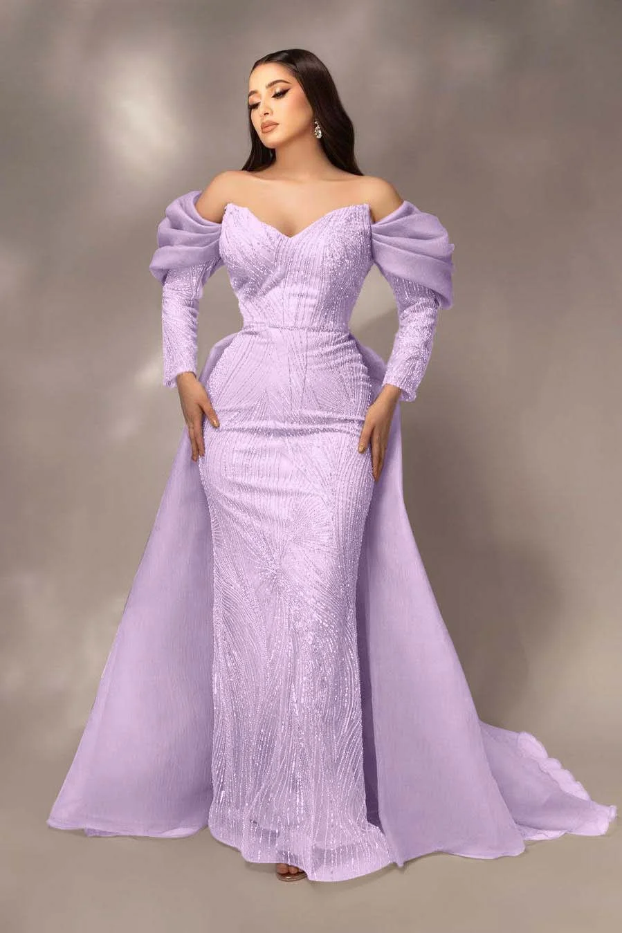 Daisda Glamorous Sequins Off the Shoulder Long Sleeves Mermaid Prom Dress with Pleated