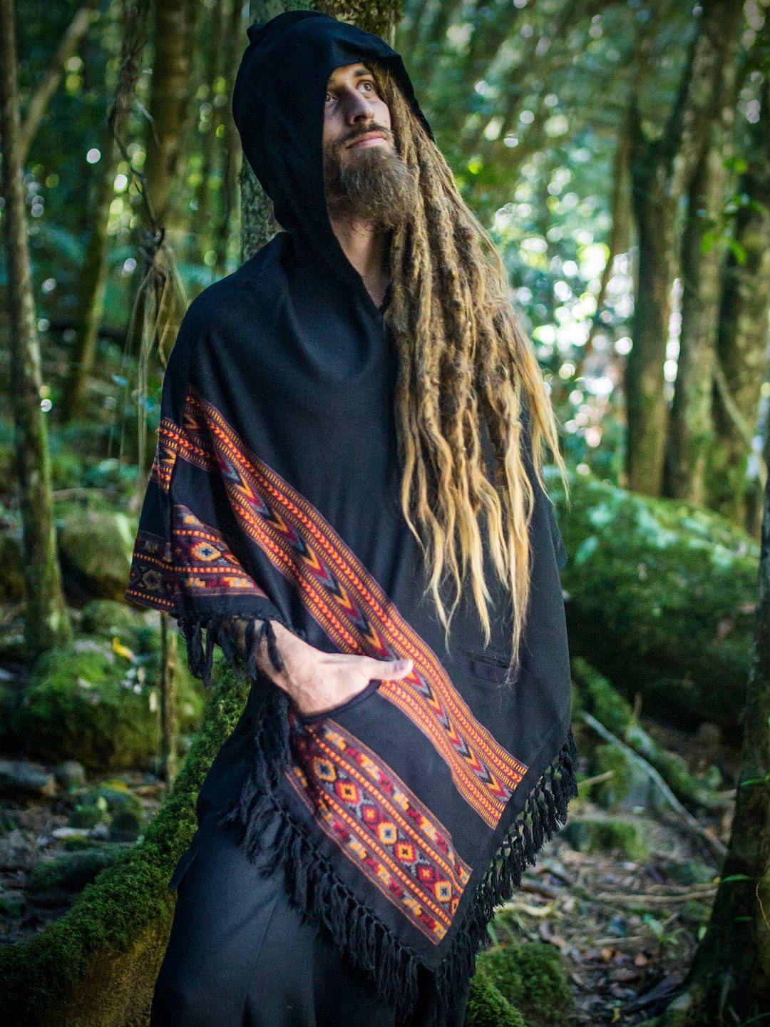 Black Poncho Yak Wool Handmade with Large Hood and pockets, Earthy Tribal Pattern Festival Gypsy   Mens Mexican Primitive Alternative