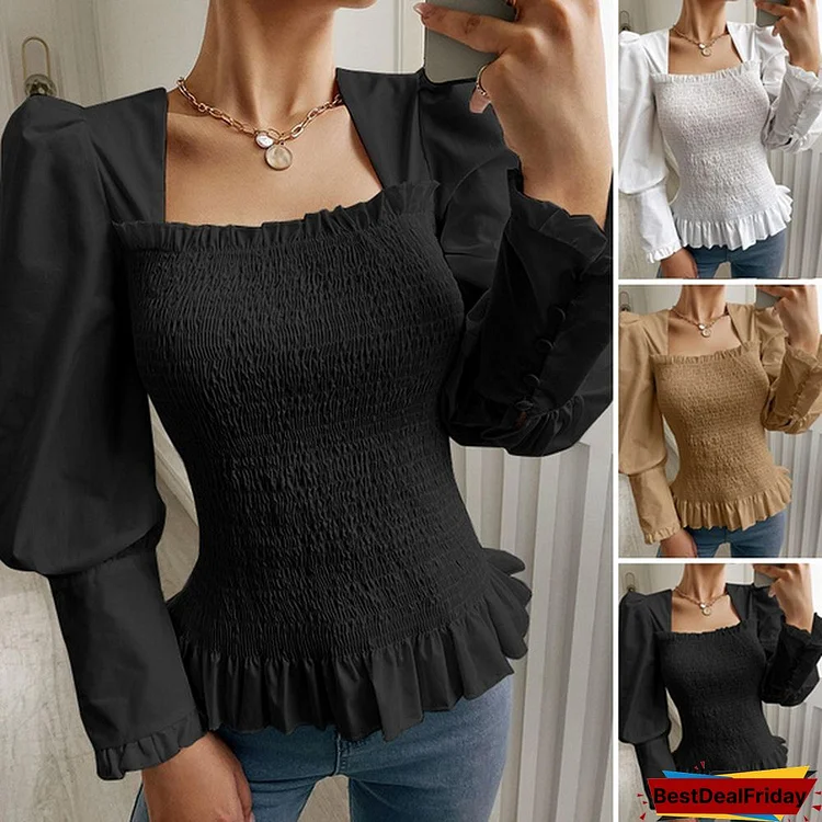 Spring Autumn Women Elegant Blouse Puff Long Sleeve Square Collar Casual Pleated Shirt Ladies Tops S-5XL