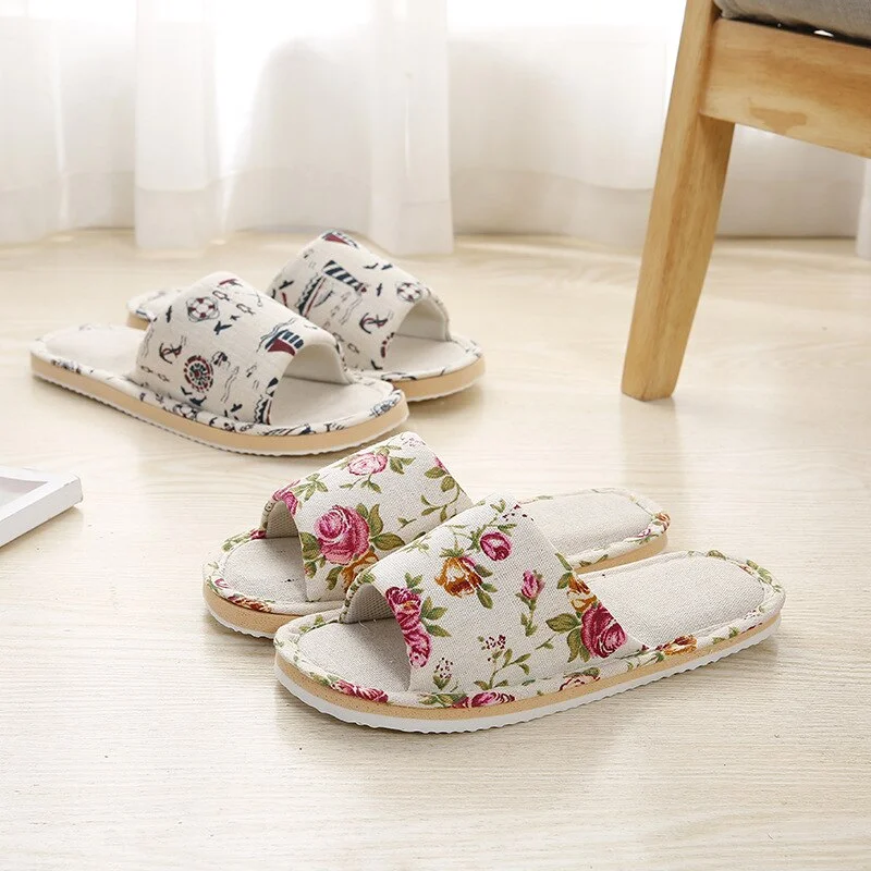 Women Casual Floral Indoor Home Slippers Flower Soft Slippers Spring Autumn Flip Flops Female Linen Slides Slippers home sandals