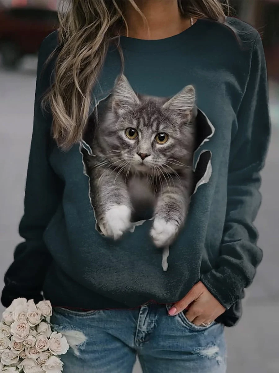 Women's Sweatshirt Cat 3D Print Round Neck Long Sleeve Daily Hoodies