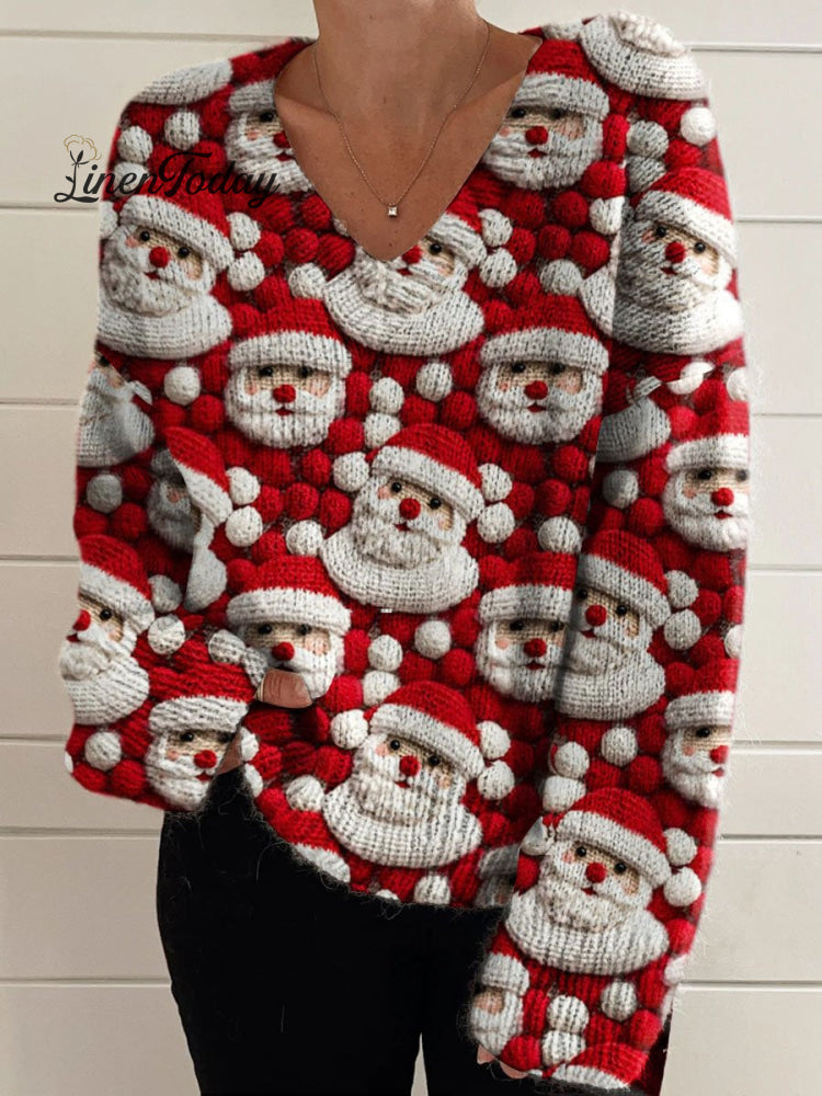Women&rsquo;s Santa Christmas Print Casual V-Neck Pullover Knit Multicolor / M
