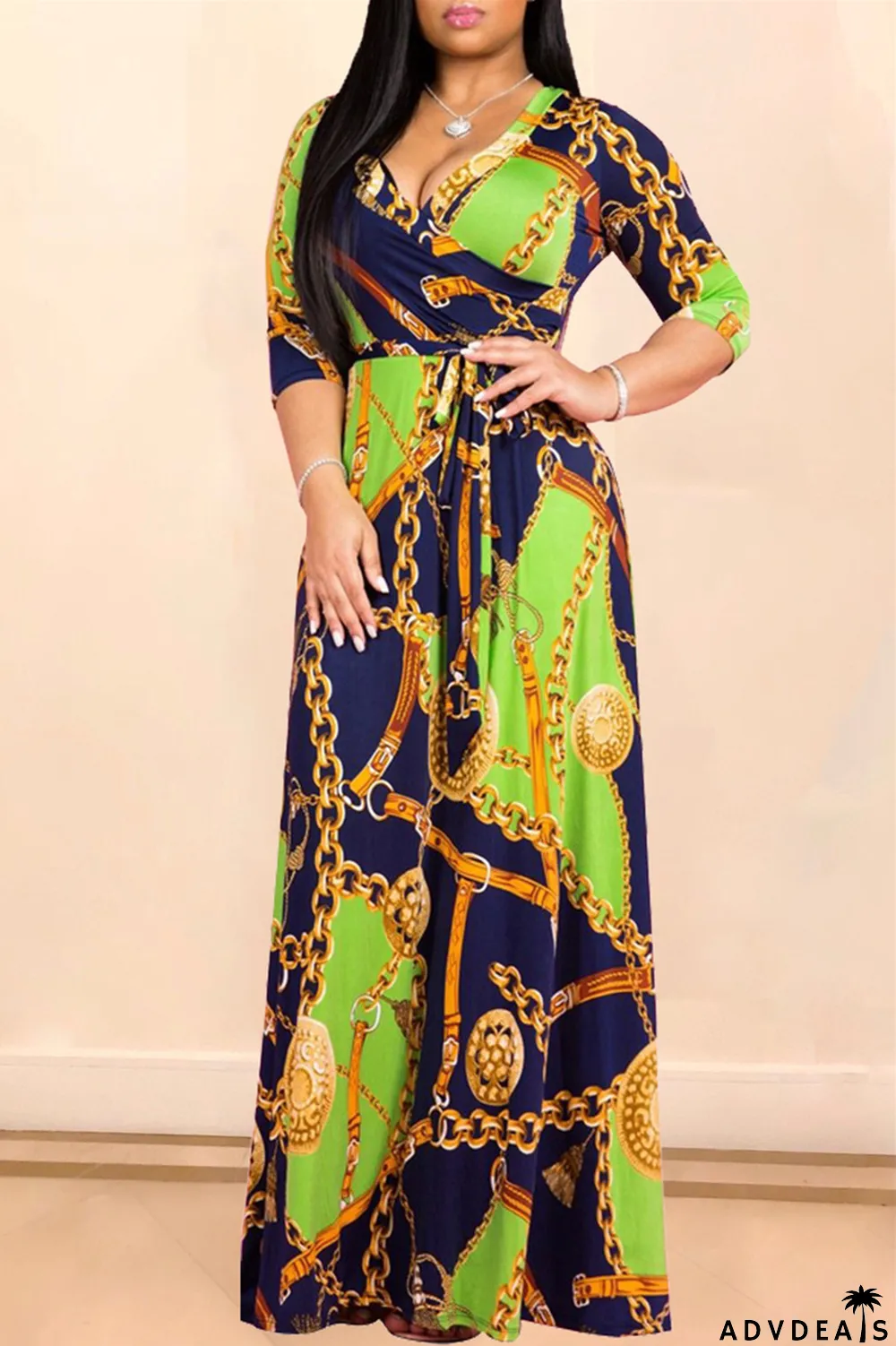 Multi-color Fashion Casual Print Bandage V Neck Long Sleeve Dresses