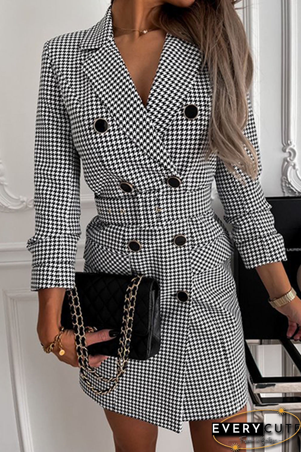 Fashion Elegant Plaid Buckle With Belt Turn-back Collar Outerwear（3 colors）