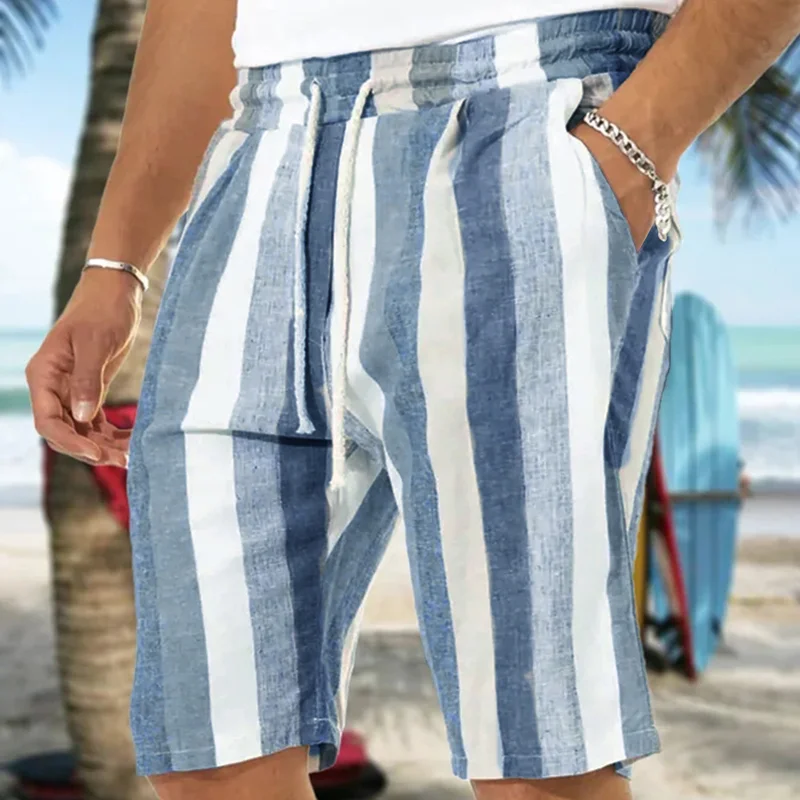 Men's Casual Drawstring Elastic Waist Striped Beach Shorts